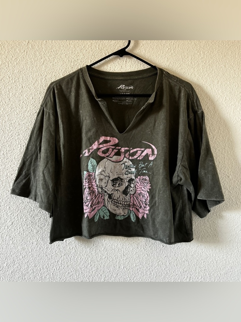 Poison Skull Rose Graphic Rock Relaxed Concert Cropped T-shirt Women’s Large